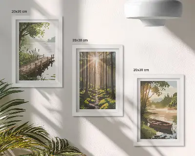 Bilderwand mit friedlicher Wald- und Seelandschaft und einem Boot