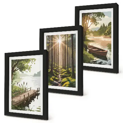 Bilderwand mit friedlicher Wald- und Seelandschaft und einem Boot