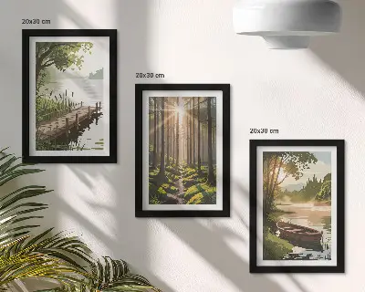 Bilderwand mit friedlicher Wald- und Seelandschaft und einem Boot