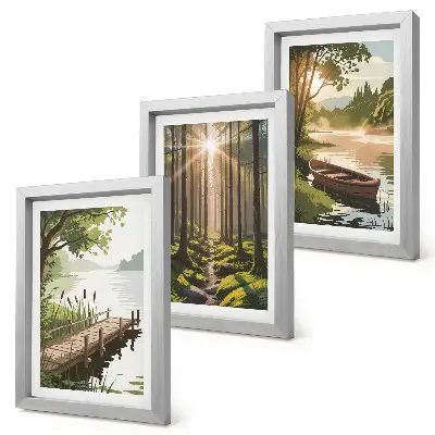 Bilderwand mit friedlicher Wald- und Seelandschaft und einem Boot