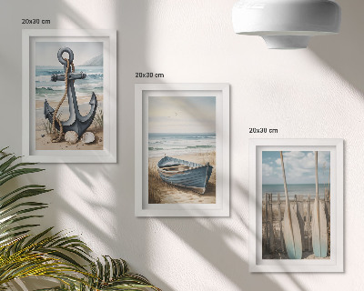 Bilderset mit rahmen Bootsanker und Ruder am Strand mit dem Meer