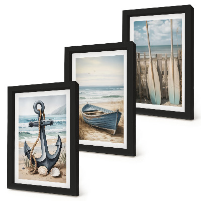 Bilderset mit rahmen Bootsanker und Ruder am Strand mit dem Meer