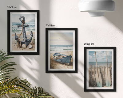 Bilderset mit rahmen Bootsanker und Ruder am Strand mit dem Meer