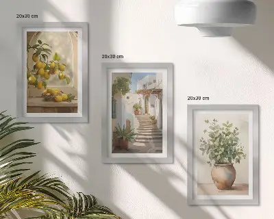 Fotowand mit Zitronen in einer Vase und Pflanzen vor weißer Architektur