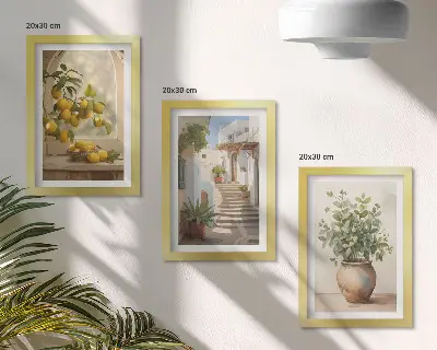 Fotowand mit Zitronen in einer Vase und Pflanzen vor weißer Architektur