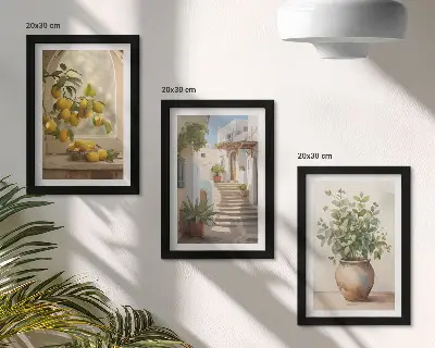 Fotowand mit Zitronen in einer Vase und Pflanzen vor weißer Architektur