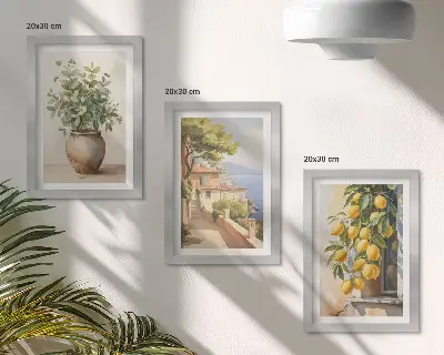 Bilderwand mit Blumen in einer Vase, Meerblick und Zitronen