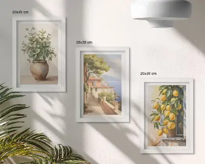 Bilderwand mit Blumen in einer Vase, Meerblick und Zitronen