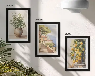 Bilderwand mit Blumen in einer Vase, Meerblick und Zitronen