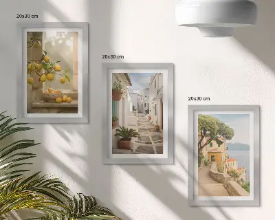 Bilderwand mit dem Ausblick auf Zitrusbäume und Architektur am Meer