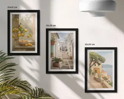 Bilderwand mit dem Ausblick auf Zitrusbäume und Architektur am Meer
