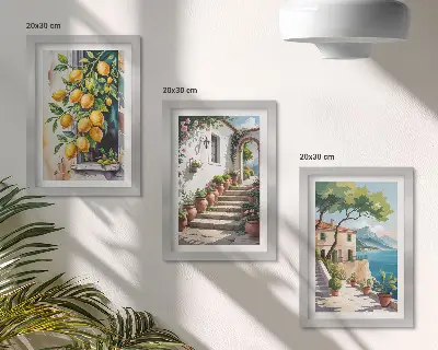 Bilderset mit Rahmen mit Zitronen vor Blumen und Meerblick