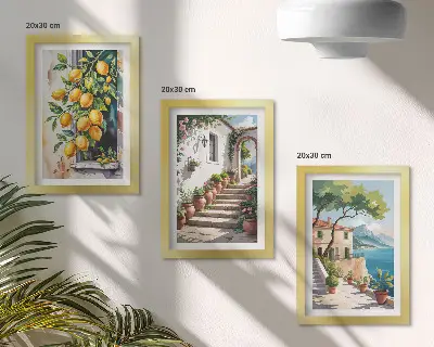 Bilderset mit Rahmen mit Zitronen vor Blumen und Meerblick