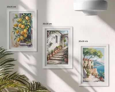 Bilderset mit Rahmen mit Zitronen vor Blumen und Meerblick