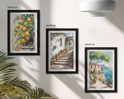 Bilderset mit Rahmen mit Zitronen vor Blumen und Meerblick