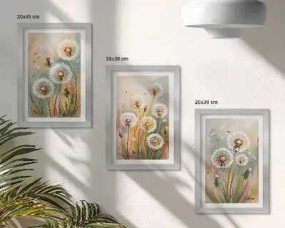 Bilderset mit Rahmen Löwenzahnblüten vor pastellfarbenen Gräsern