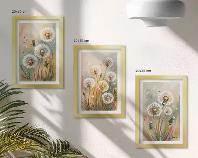 Bilderset mit Rahmen Löwenzahnblüten vor pastellfarbenen Gräsern
