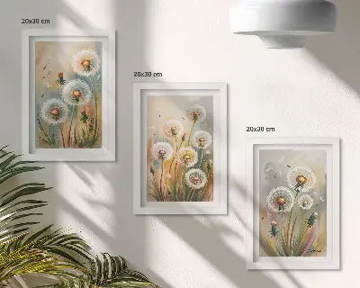 Bilderset mit Rahmen Löwenzahnblüten vor pastellfarbenen Gräsern