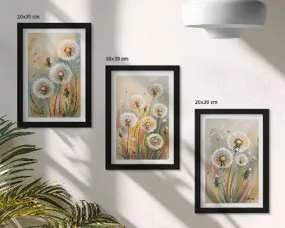 Bilderset mit Rahmen Löwenzahnblüten vor pastellfarbenen Gräsern