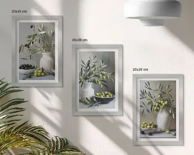 Bilderwand Olivenzweige in Vasen auf grauem Hintergrund