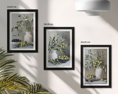 Bilderwand Oliven in Vasen mit Zweigen auf grauem Hintergrund