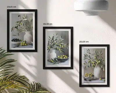 Bilderwand Olivenzweige in Vasen auf grauem Hintergrund