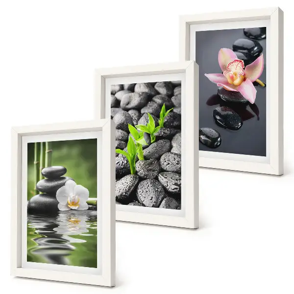 Bilderwand mit einer friedvollen Zen-Komposition aus Steinen und Blumen auf dem Wasser