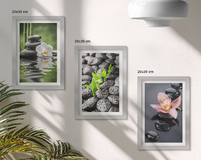 Bilderwand Eine friedvolle Zen-Komposition aus Steinen und Blumen auf dem Wasser
