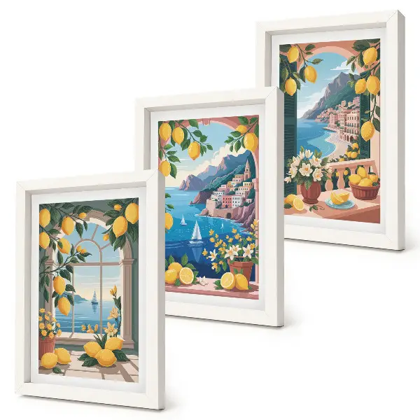 Bilderwand mit Fensterblick auf das Meer und italienische Zitronen