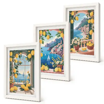 Bilderwand mit Fensterblick auf das Meer und italienische Zitronen