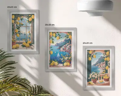 Bilderwand mit Fensterblick auf das Meer und italienische Zitronen
