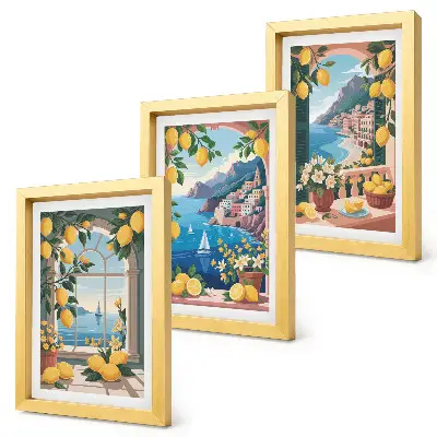 Bilderwand mit Fensterblick auf das Meer und italienische Zitronen