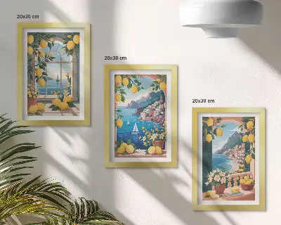 Bilderwand mit Fensterblick auf das Meer und italienische Zitronen