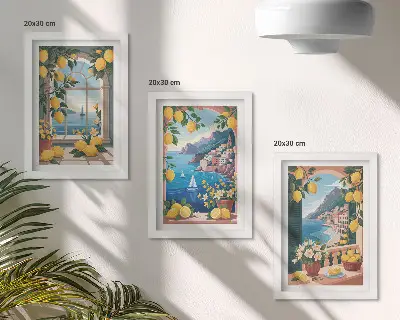 Bilderwand mit Fensterblick auf das Meer und italienische Zitronen