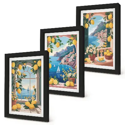 Bilderwand mit Fensterblick auf das Meer und italienische Zitronen