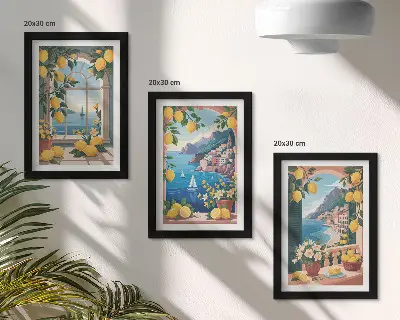 Bilderwand mit Fensterblick auf das Meer und italienische Zitronen
