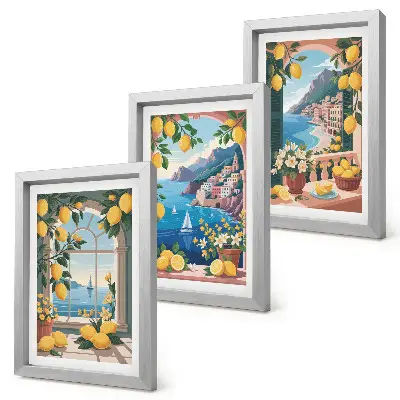 Bilderwand mit Fensterblick auf das Meer und italienische Zitronen