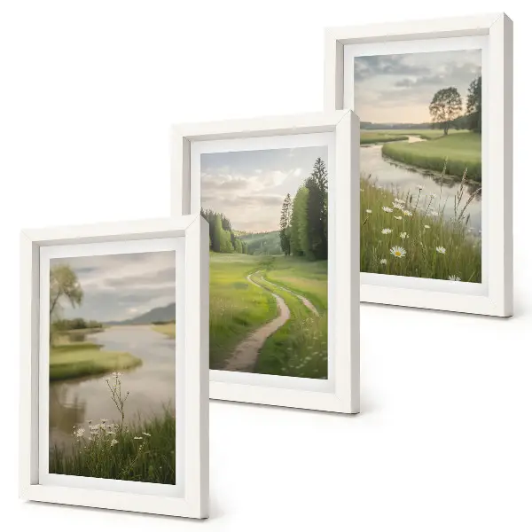 Bilderset mit Rahmen ruhige Sommerlandschaft mit Fluss und Blumenwiese