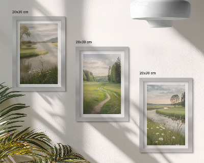 Bilderset mit rahmen Ruhige Sommerlandschaft mit einem Fluss und einer Blumenwiese