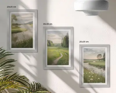 Bilderset mit Rahmen ruhige Sommerlandschaft mit Fluss und Blumenwiese