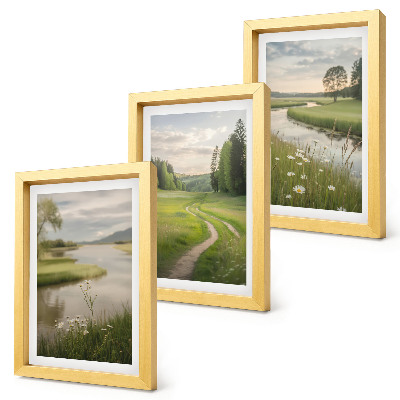Bilderset mit rahmen Ruhige Sommerlandschaft mit einem Fluss und einer Blumenwiese