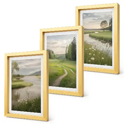 Bilderset mit Rahmen ruhige Sommerlandschaft mit Fluss und Blumenwiese