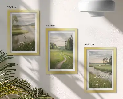 Bilderset mit Rahmen ruhige Sommerlandschaft mit Fluss und Blumenwiese