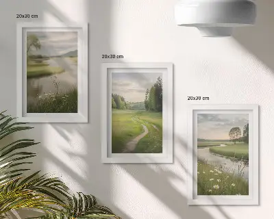 Bilderset mit Rahmen ruhige Sommerlandschaft mit Fluss und Blumenwiese