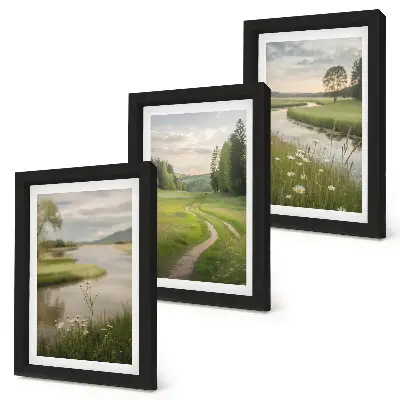 Bilderset mit Rahmen ruhige Sommerlandschaft mit Fluss und Blumenwiese