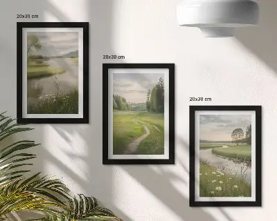 Bilderset mit Rahmen ruhige Sommerlandschaft mit Fluss und Blumenwiese