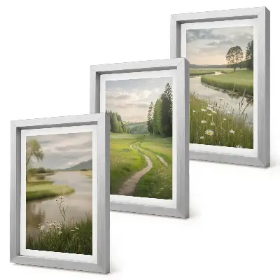 Bilderset mit Rahmen ruhige Sommerlandschaft mit Fluss und Blumenwiese