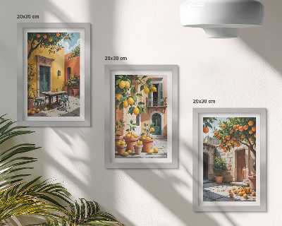 Bilderset mit rahmen Zitrusfrüchte in einer sonnigen Gartenlandschaft