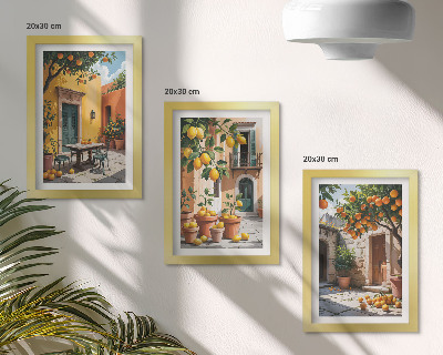 Bilderset mit rahmen Zitrusfrüchte in einer sonnigen Gartenlandschaft