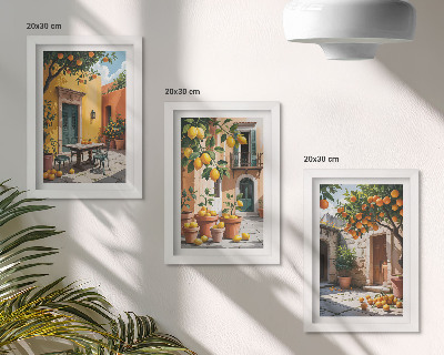 Bilderset mit rahmen Zitrusfrüchte in einer sonnigen Gartenlandschaft